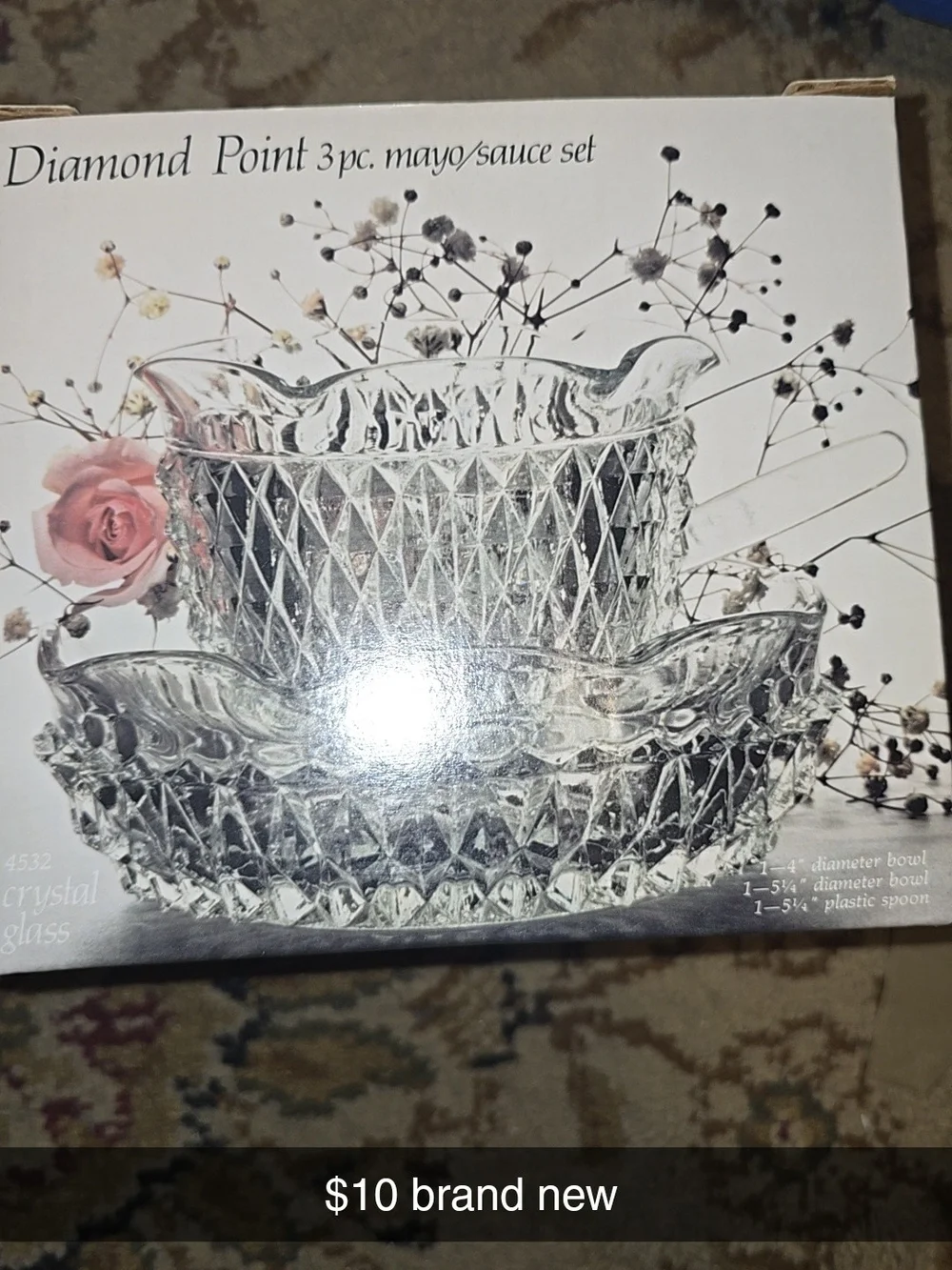 Diamond Point 3 pc Mayo/Sauce Set - Clear Crystal Glass